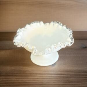 Vintage Fenton Silver Crest Milk Glass Footed Bowl Candy Dish Compote Ruffled